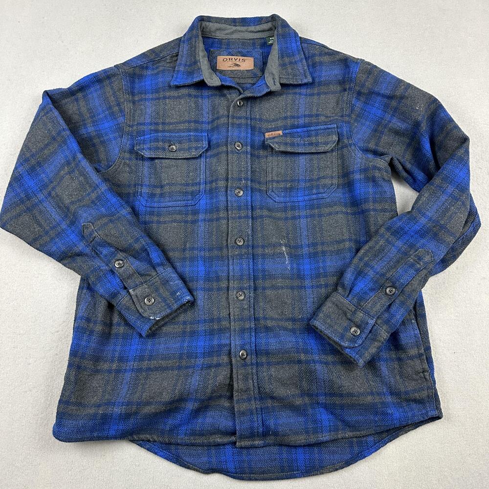 Orvis Shirt Men Medium Blue Gray Plaid Flannel Shacket Button Up Outdoor M *